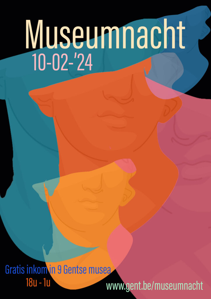 Poster waarbij een afgesneden beeld van een man herhalend terugkomt in verschillende kleuren en doorzichtigheid