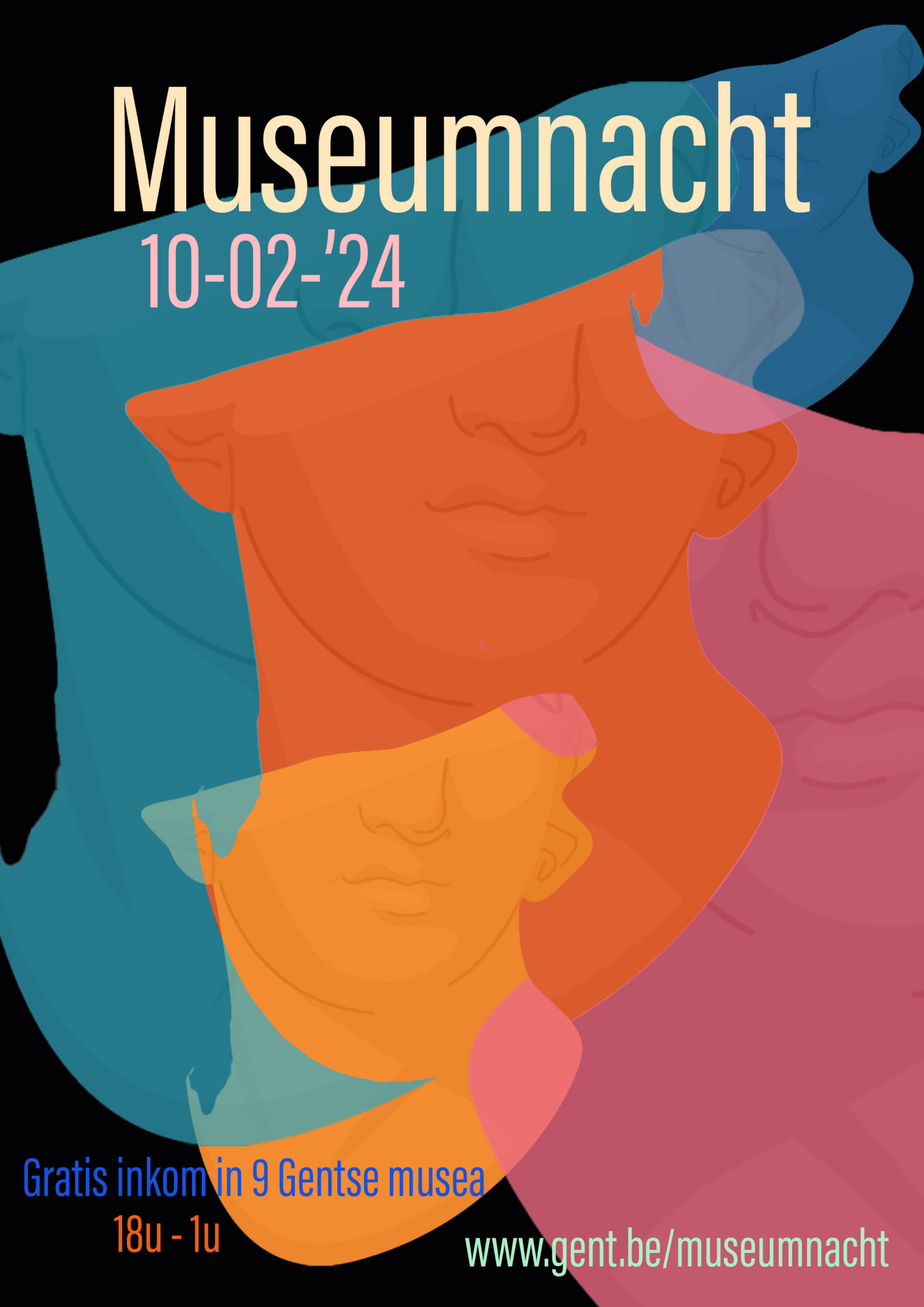 Poster waarbij een afgesneden beeld van een man herhalend terugkomt in verschillende kleuren en doorzichtigheid