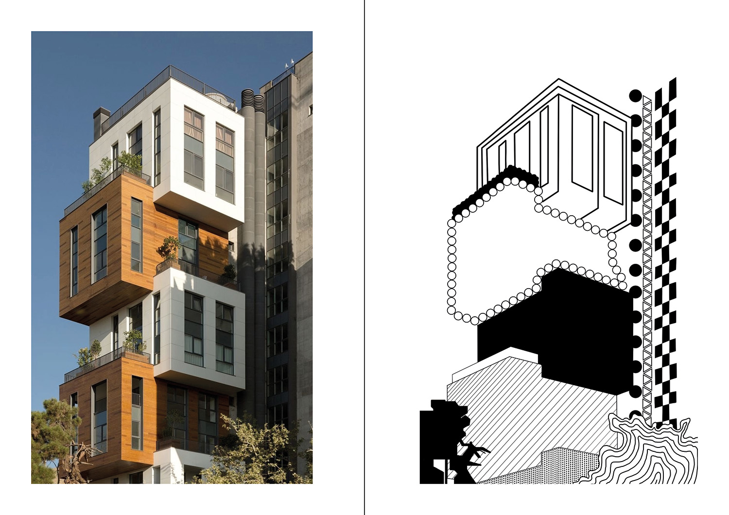 Links een foto van een gebouw en rechts het gebouw nagemaakt in punten, lijnen en vlakken